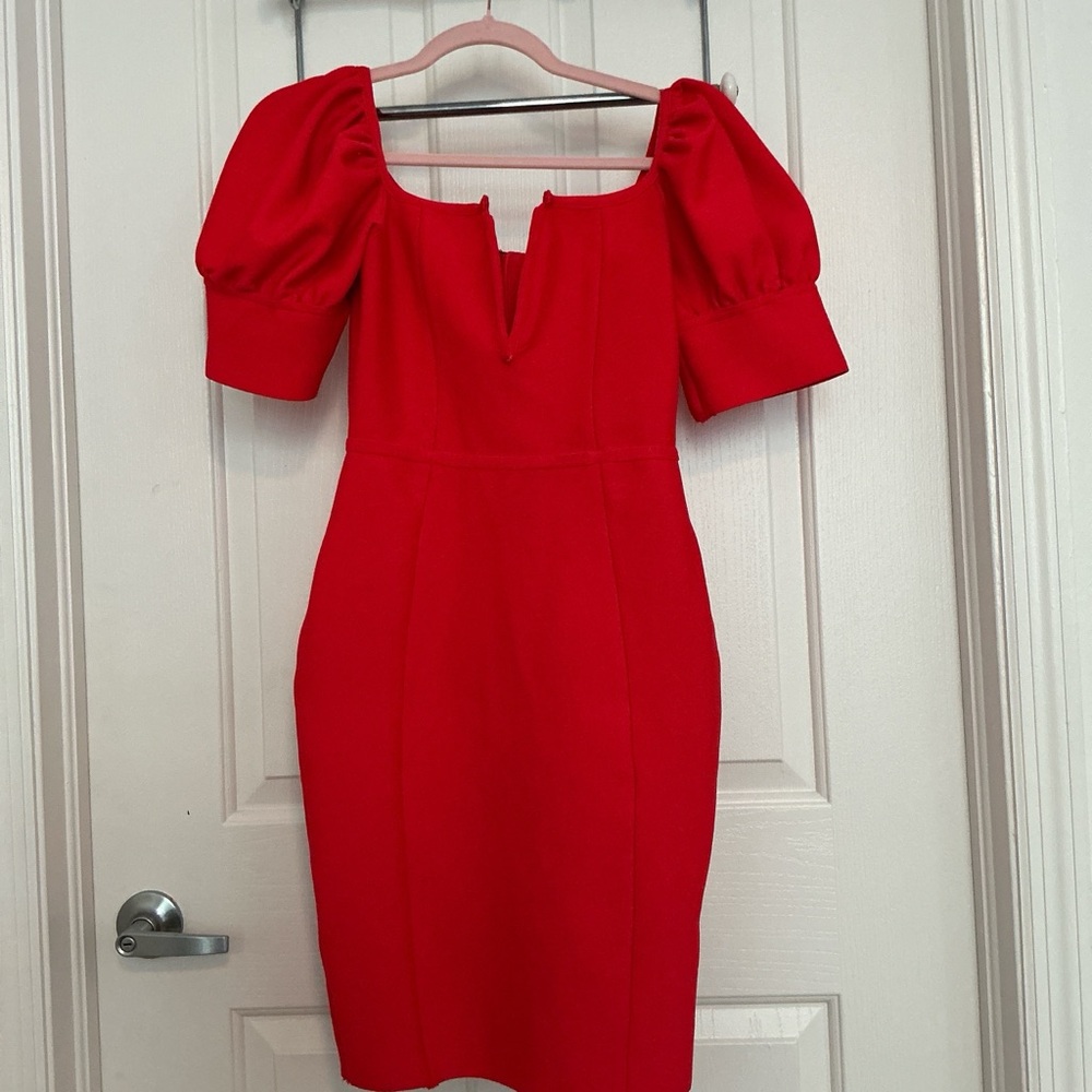Elegant Red Puff Sleeve Dress